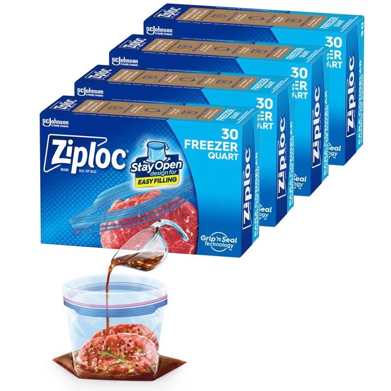 Ziploc Quart Food Storage Freezer Bags, New Stay Open Design with Stand-Up Bottom, Easy to Fill, 30 Count (Pack of 4) - Image 1